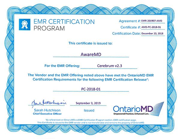 Certificate to AwareMD for the Cerebrum product (v2.3) provided by OntarioMD's EMR Certification Program.